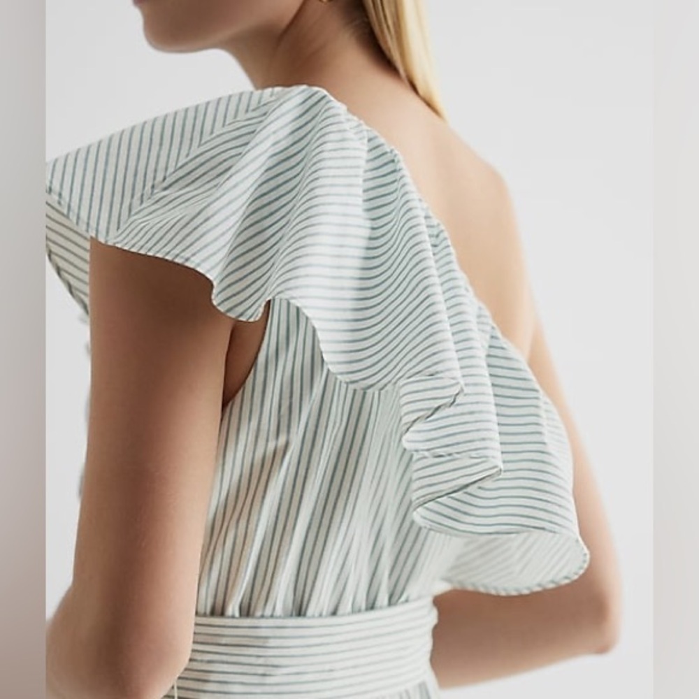 Express One Shoulder Striped Ruffle Poplin Maxi Dress - S - Picture 2 of 7